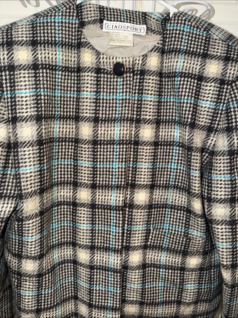 Plaid Wool Blend Black & Cream Jacket with Blue Accents